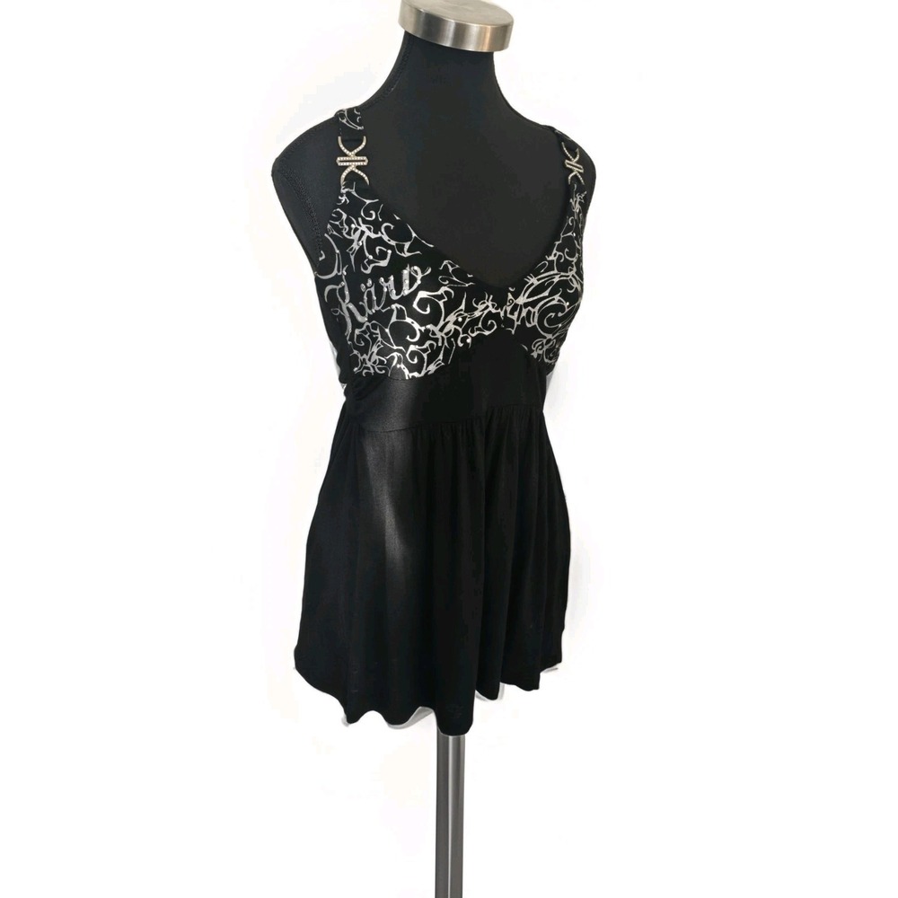 Y2K Karv Womens Cyber Rhinestone Silver Graffiti Print Tank Top Baby Doll Tank M